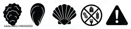 Seafood and food allergy warning icons for dietary information, health awareness, restaurant menus, and consumer safety communication materials