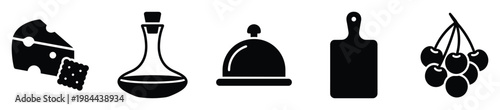 Essential kitchen and dining icons featuring a cheese wedge, oil bottle, food cloche, cutting board, and fresh cherries, suitable for culinary websites, menus, and recipe apps.