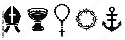 Set of essential Christian religious symbols featuring a bishops mitre chalice rosary beads crown of thorns and a symbolic anchor for spiritual education and church communications