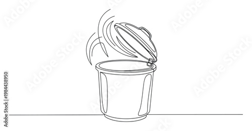 Simple continuous line drawing of a waste bin with an opening lid, symbolizing disposal, recycling, decluttering, or cleaning actions, excellent for environmental infographics and business