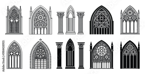 Gothic architectural ornaments set featuring intricate medieval arch designs, elaborate rose windows, and classical columns, ideal for historical projects, building blueprints, or