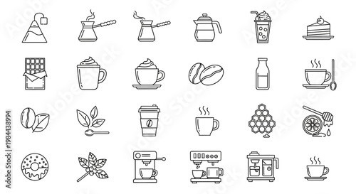 A Collection of Coffee and Chocolate Related Icons Representing Various Beverages, Sweet Treats, and Related Ingredients