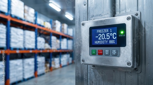 Warehouse cold storage monitoring system with digital display for temperature and humidity control.