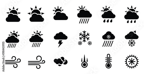 Versatile black weather icons collection depicting diverse forecasts for digital applications mobile apps websites and infographic presentations