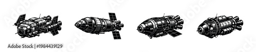 Retro futuristic spacecraft collection, spaceship designs, vector illustration, black and white silhouette