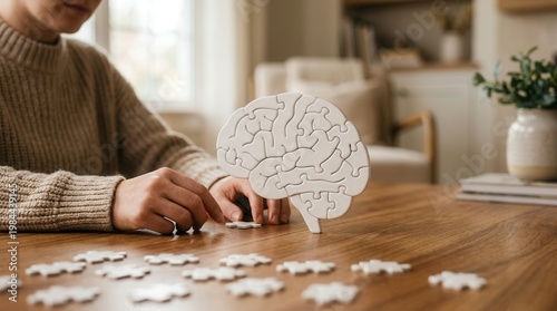 Memory puzzle solution and cognitive brain function concept with a person sitting at a wooden table.