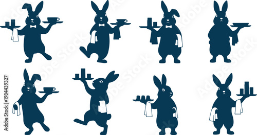Cartoon rabbit characters dressed as waiters serving drinks and food in various playful poses