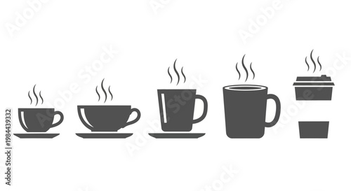 A collection of steaming coffee cups and mugs, including a disposable to-go cup, presented in a minimalist grey silhouette