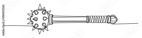 A menacing medieval mace weapon with a spiked head and wrapped handle, created in a continuous single line for historical displays, game assets, or impactful graphic branding designs.