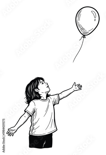 Young child reaching up towards a floating balloon symbolizing lost dreams and childhood memories perfect for emotional and heartfelt narratives