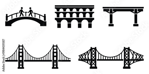 Black silhouette icons of various bridge types including pedestrian arch, historic aqueduct, beam, suspension, and truss bridges suitable for engineering and infrastructure design projects