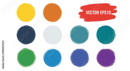 Collection of colorful abstract watercolor circles and a red brush stroke with the text Vector EPS