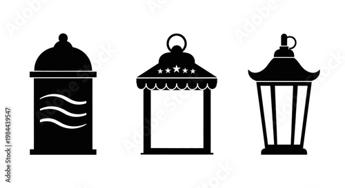 Collection of three distinct black lantern silhouettes with unique decorative elements on white background