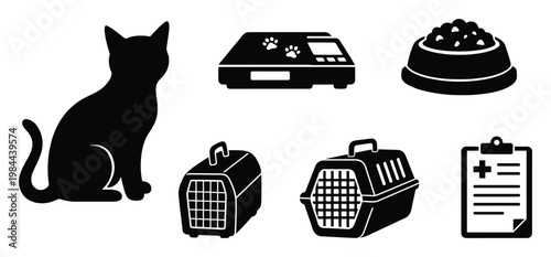 Essential pet care items including a cat silhouette, animal weighing scale, food bowl, pet travel carriers, and medical records perfect for veterinary and animal health concepts.