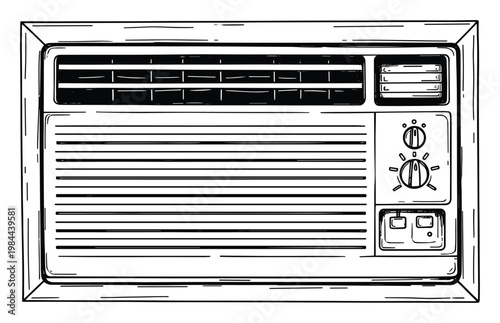 Classic window air conditioning unit sketch with manual control dials and vents, ideal for illustrating home appliance guides and energysaving tips