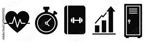 Collection of fitness and health related glyph icons representing workout progress and gym activity useful for mobile applications and wellness programs