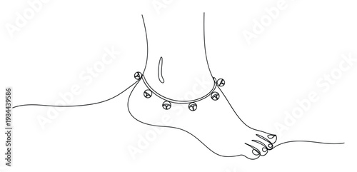 Minimalist continuous line drawing of a lower leg and bare foot adorned with an elegant anklet featuring delicate bells, ideal for dance studio promotions, jewelry branding, or cultural