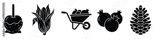 Collection of fall season harvest symbols and autumn holiday elements including a festive candy apple fresh corn garden wheelbarrow with produce sweet pomegranates and a natural pinecone