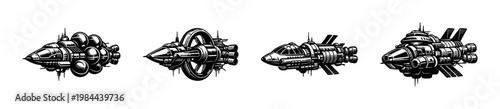 Futuristic spacecraft designs vector illustration set featuring four detailed spaceship silhouettes