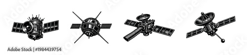 Retro spacecraft and satellite illustrations black and white vector space elements