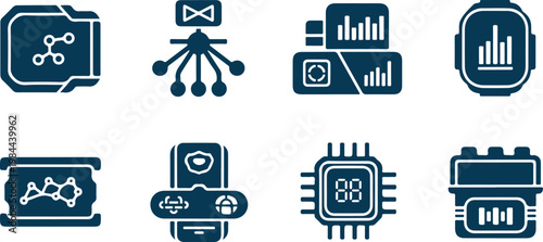 Collection of modern technology icons depicting data analytics network visualization and wearable device monitoring systems