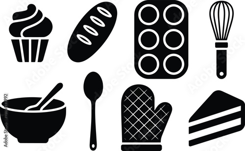 Black silhouette baking icons cupcake bread cookies and pastry tools