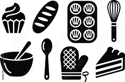 Baking icons set cupcake bread muffins whisk bowl and pastry