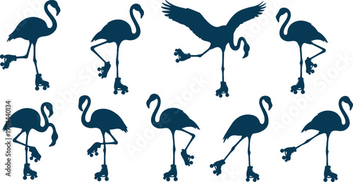 Collection of stylized flamingo birds skating on inline skates in various dynamic poses isolated on transparent background