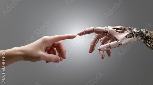 Human robot hands almost touching. Cooperation and future concepts. AI generated.