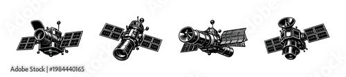 Retro style satellite vector set with four detailed spacecraft illustrations black and white design