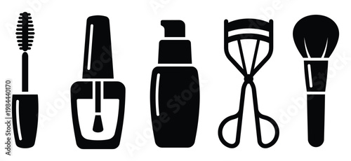 Essential beauty routine tools and cosmetic accessories presented as black silhouette icons perfect for cosmetic product branding and spa service promotion