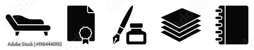 Comprehensive collection of business and legal contract icons representing therapy, official agreements, writing, documentation, and office stationery essentials for professional