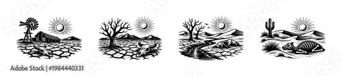 Black and white illustrations of desert landscapes with skulls and trees in vintage style