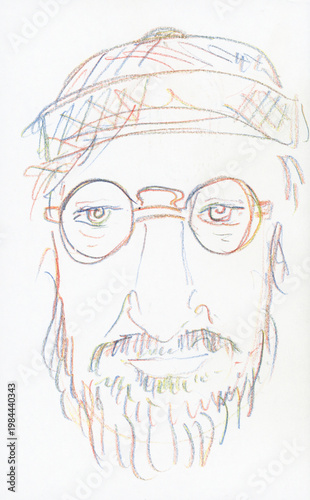 Line drawing of a man's face on white paper, using multiple colors. The man is wearing glasses and a cap with a checkered pattern. The style is abstract and sketch-like.