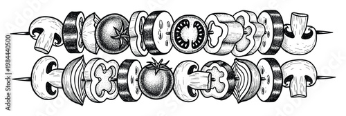 Hand drawn style vegetable skewers with fresh mushrooms, bell pepper, onion, tomato, and cucumber slices, ideal for food packaging, recipe books, or restaurant branding materials.