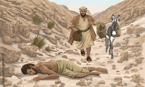 The Good Samaritan running towards a wounded man on an isolated mountain road.  Biblical illustration depicting the Parable of the Good Samaritan as told in Luke 10.