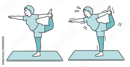 ヨガの「踊り子のポーズ」をするぽっちゃりシニア女性の比較セットイラスト