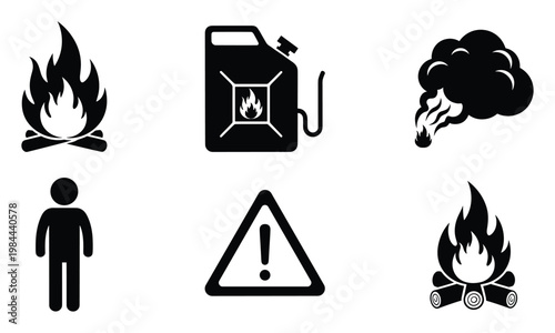 Vector icon set in black and white featuring fire, flammable materials, smoke, general warning, and a person for safety information, hazard alerts, and educational graphics.