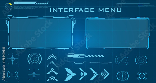 User interface elements, including abstract screen frames, target reticles, and data indicators for high-tech graphic projects. High Tech HUD Interface Menu Panels for Game UI