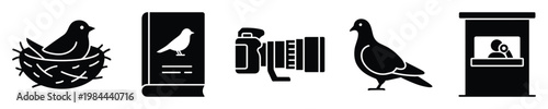 Collection of birdwatching and ornithology related icons featuring a bird in a nest, a guidebook, a camera with a large lens, a pigeon, and an observation hide for nature exploration