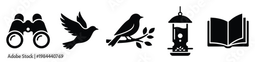 Black silhouette birdwatching icons featuring binoculars, flying bird, perched bird, bird feeder, and open book, ideal for nature education and outdoor hobby applications.