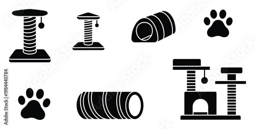 Collection of essential cat accessories including scratching posts, play tunnels, and paw prints for pet supply store marketing materials
