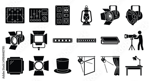 Extensive glyph set featuring essential stage lighting, camera operation, audio mixing, and theater production equipment symbols for diverse entertainment industry visual content.