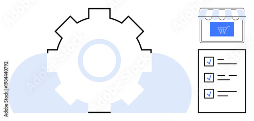 E-commerce, cloud computing, digital workflow, online retail, automation tools, system optimization. Gear, cloud storefront cart icon and checklist. E-commerce and cloud computing visualization