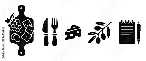 Diverse collection of food preparation and planning glyph icons featuring a charcuterie board with grapes and crackers, cutlery, cheese wedge, olive branch, and a notepad with pen, ideal