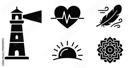 Diverse collection of symbolic glyph icons representing guidance, health, lightness, nature, and spirituality, ideal for web graphics, app interfaces, and conceptual design projects.