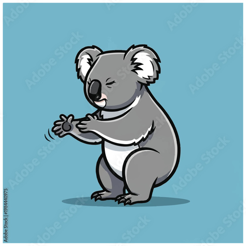 Cute Cartoon Koala Holding Eucalyptus Leaf.
