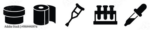 A collection of vital medical and healthcare icons presenting a container, bandage, crutch, test tubes, and a dropper, ideal for visual resources in hospitals, clinics, and educational