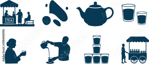 Illustrations of tea culture showing preparation serving and enjoying tea with various utensils and settings