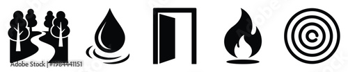 Universal icon set depicting nature path, water drop, open door, fire flame, and concentric spiral symbol for various graphic design applications and conceptual projects